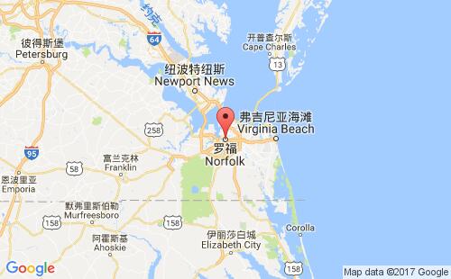 美国海运港口诺福克norfolk,va港口地图