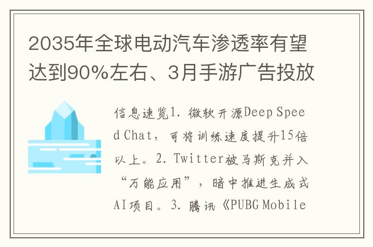 2035年全球电动汽车渗透率有望达到90%左右、3月手游广告投放趋势分析...